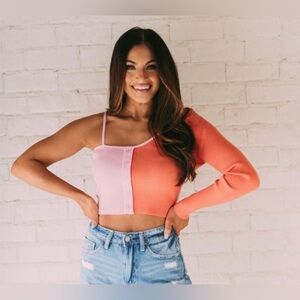 Blue Blush Pink and Orange One-Shoulder Crop Top
